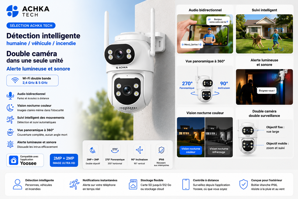 ACHKA Vision AI 360™ – Caméra de sécurité intelligente WiFi